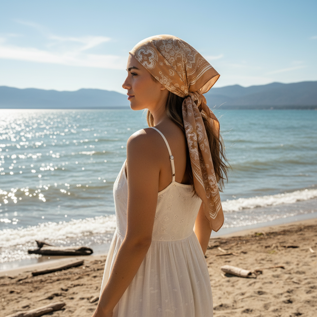 Woman wearing tan paisley wild rag scarf as head wrap at summer lakeside, relaxed western style