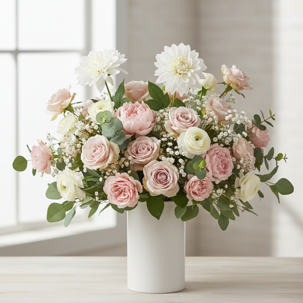 White dahlia stems mixed with blush garden roses, soft pink peonies, cream ranunculus and eucalyptus in white ceramic vase