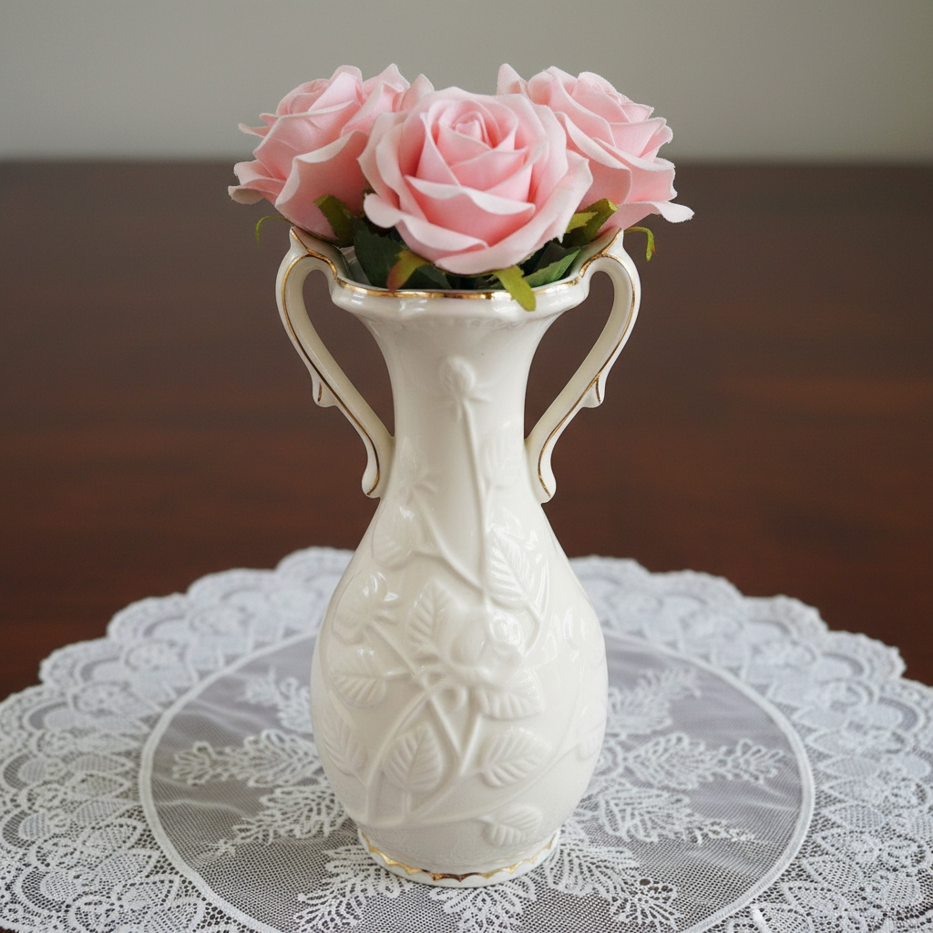 Compact 8-inch white ceramic bud vase with embossed rose pattern and gold trim, Victorian styling with pink roses on lace doily