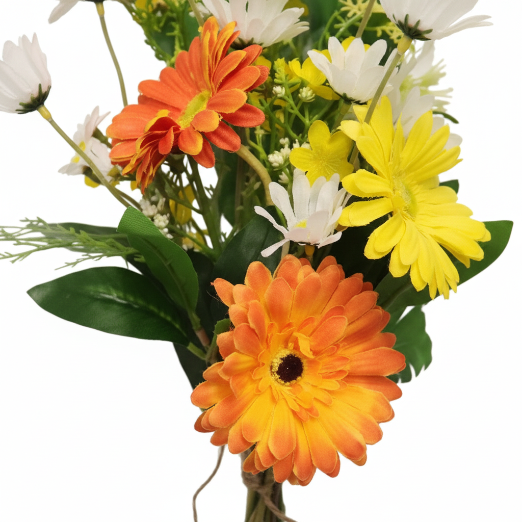 Close-up of artificial gerbera and wild daisies with jute tie