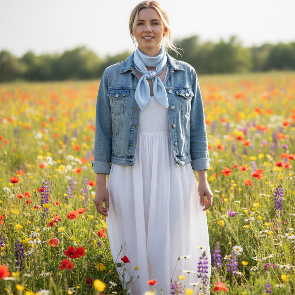 Woman wearing light blue wild rag scarf in traditional cowboy style at western ranch with denim jacket and cowboy hat