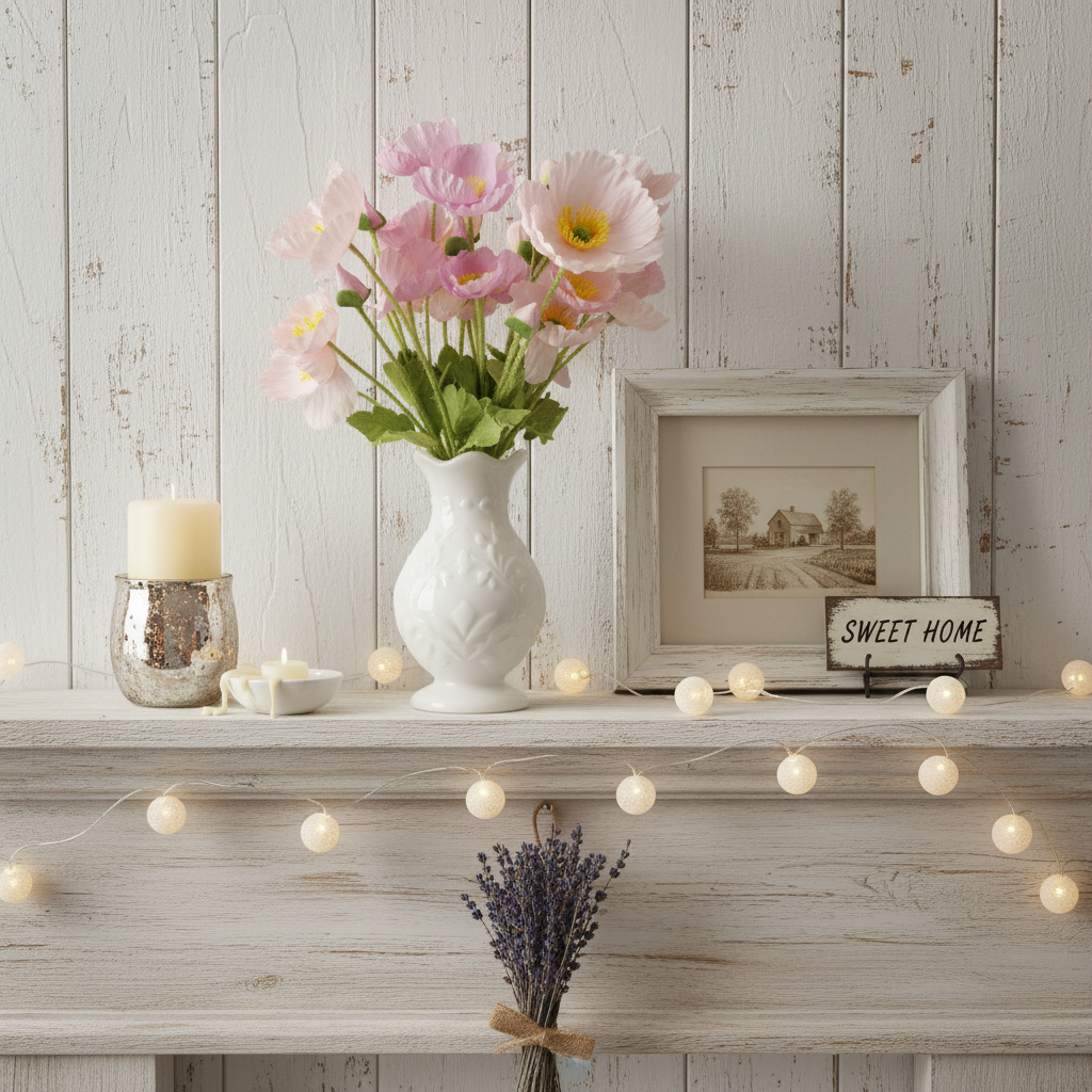 Shabby chic mantel display with pink and lavender poppy bouquet in vintage milk glass vase styled with candles and romantic farmhouse decor