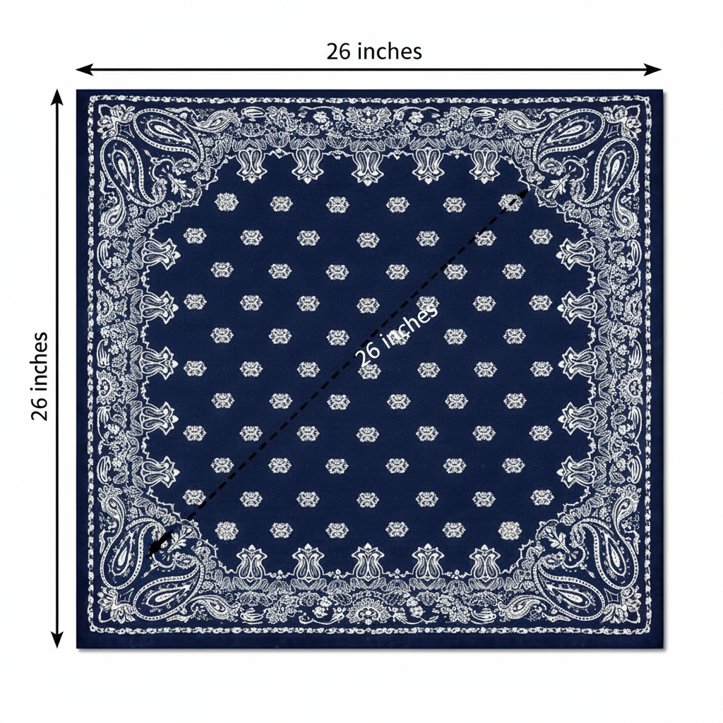 Navy blue paisley wild rag scarf measurement diagram showing 26x26 inch square dimensions on white background