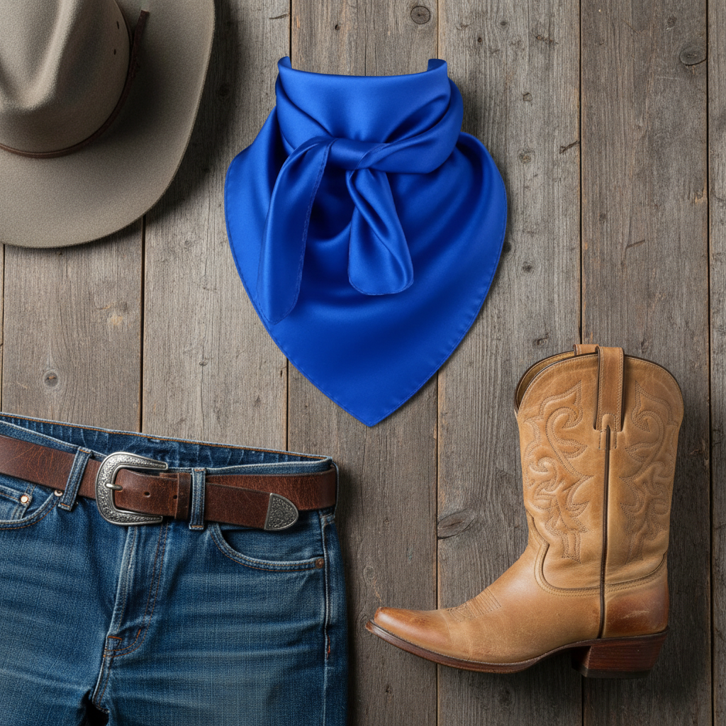Royal blue satin wild rag flat lay styled with denim boots and western outfit