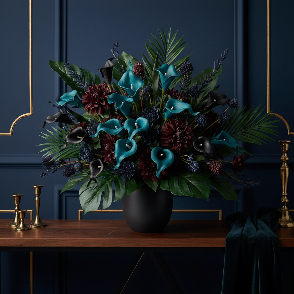 Teal peacock blue artificial calla lily stems in a dramatic florist-style arrangement with dark burgundy dahlias, emerald tropical leaves, and navy botanicals in a dark matte ceramic vase, moody modern luxury decor styling with gold candlesticks and velvet texture