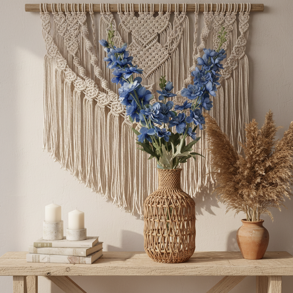 Artificial blue delphinium silk flower stem in a woven rattan vase on a boho wooden shelf styled with macramé, candles, books, and dried pampas grass