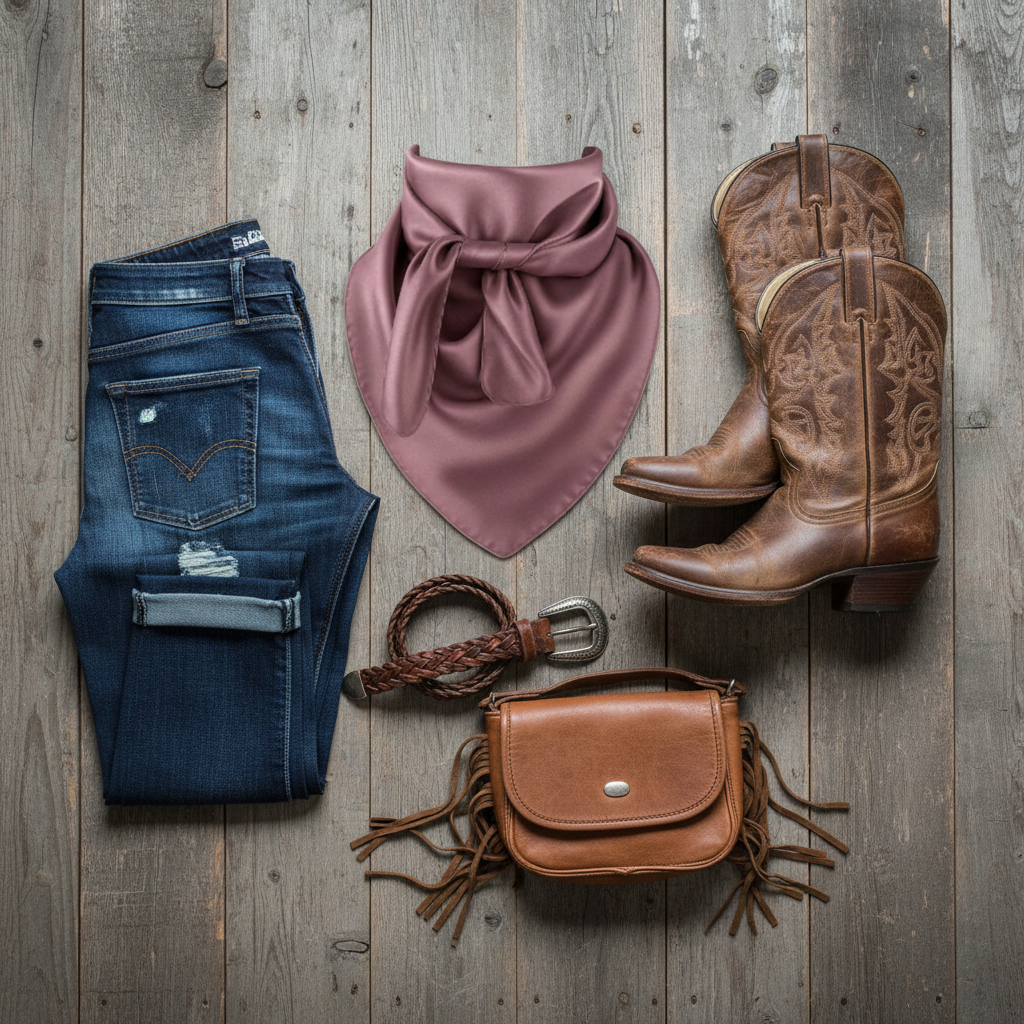 Light plum satin wild rag flat lay styled with denim boots and western outfit