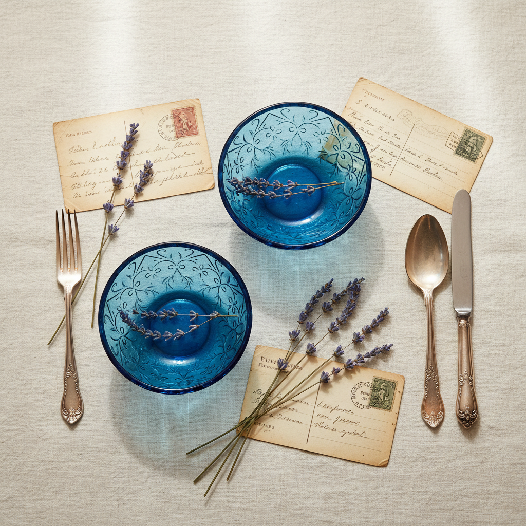 Overhead flat lay of vintage blue glass bowls on cream linen with lavender and antique silverware, heritage home styling