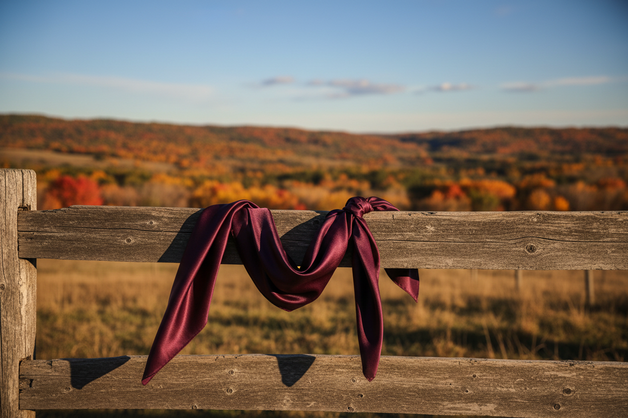 Eggplant purple wild rag draped on wooden fence with fall foliage and blue sky