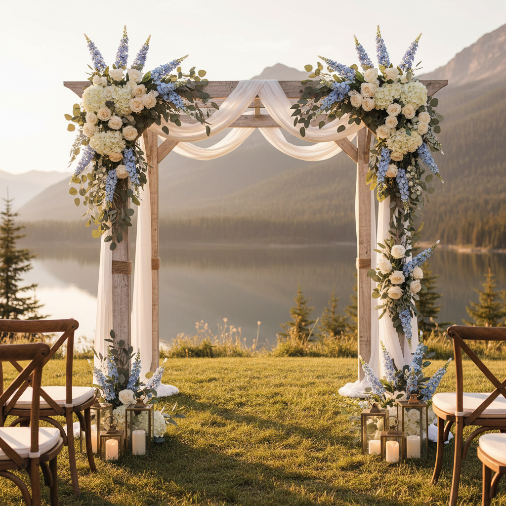 Light blue snapdragon larkspur spike stems arranged on a wooden outdoor wedding arch with ivory roses, hydrangeas, and eucalyptus, golden hour lakeside setting