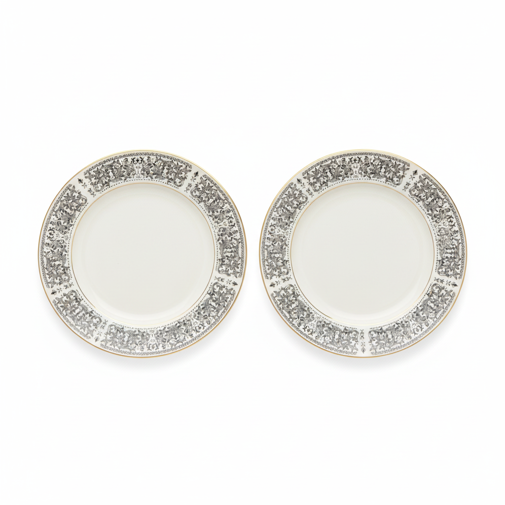 Royal Wentworth Ambassador 8692 fine china dinner plates set of 2 with black floral border and gold trim, 10 inch vintage made in Japan