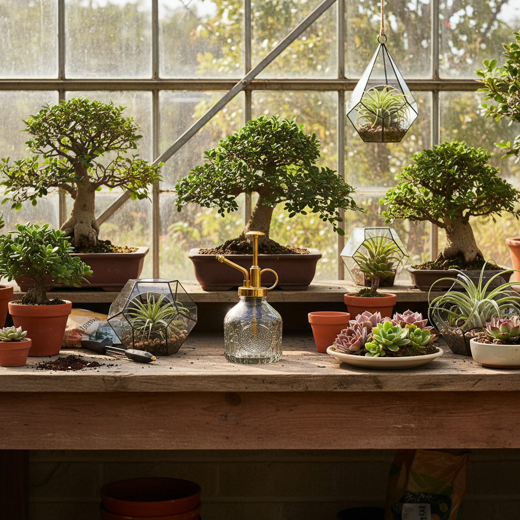 Smoke gray glass plant mister on vintage potting bench in greenhouse with bonsai trees, air plants in terrariums, and succulents
