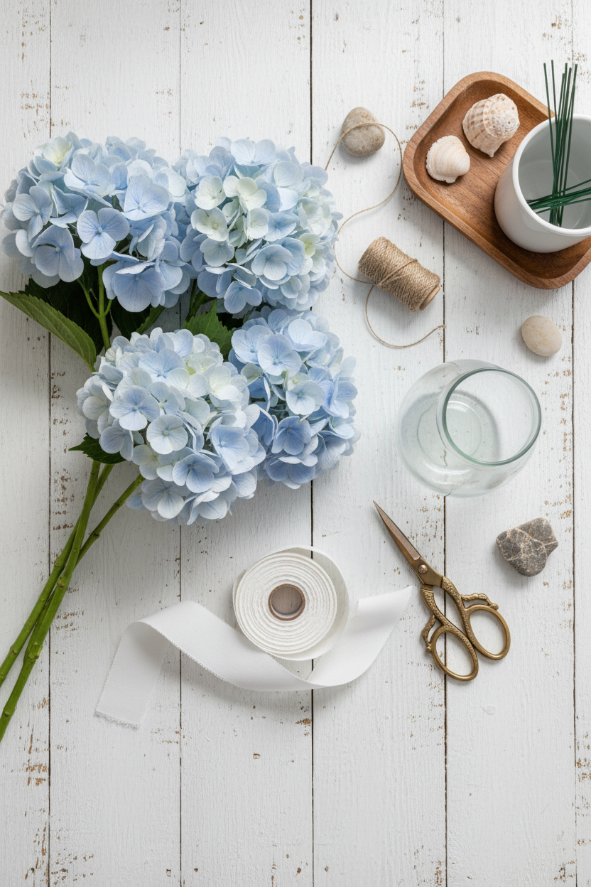 DIY floral arrangement workspace with soft blue hydrangea stems, white ribbon, and craft supplies overhead view