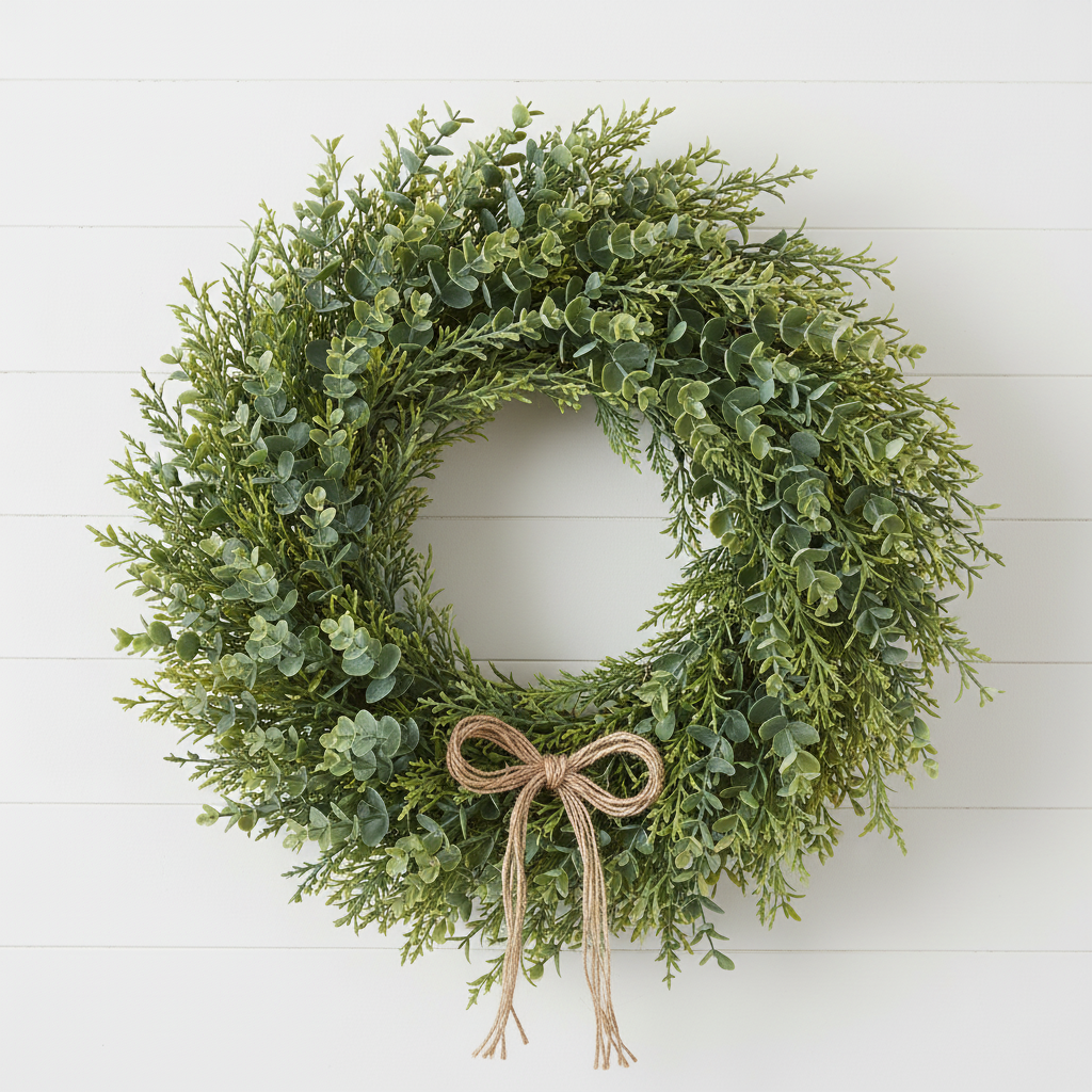 Faux eucalyptus rosemary and cedar greenery stems woven into a full round wreath displayed on a white shiplap wall