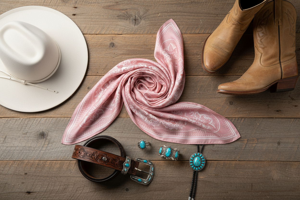Blush pink paisley wild rag flat lay with cowboy boots and western accessories