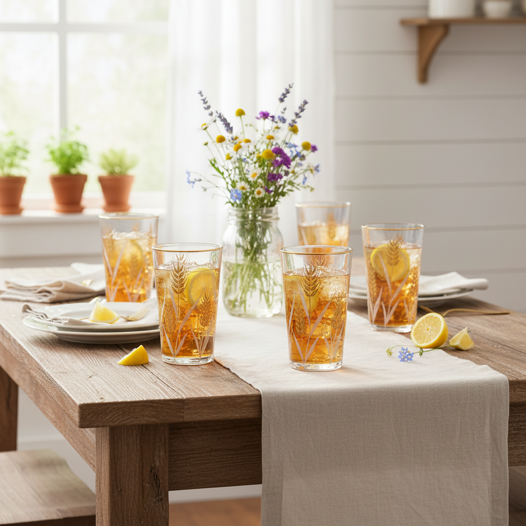 Vintage wheat pattern gold rim tumblers in farmhouse kitchen table setting filled with iced tea