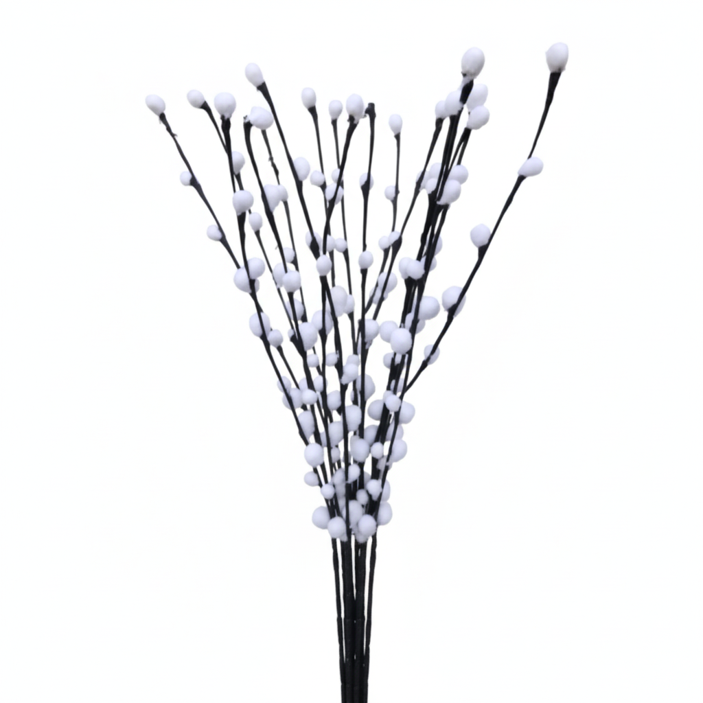 18 artificial pussy willow stems with black branches and white buds bundled together on pure white background