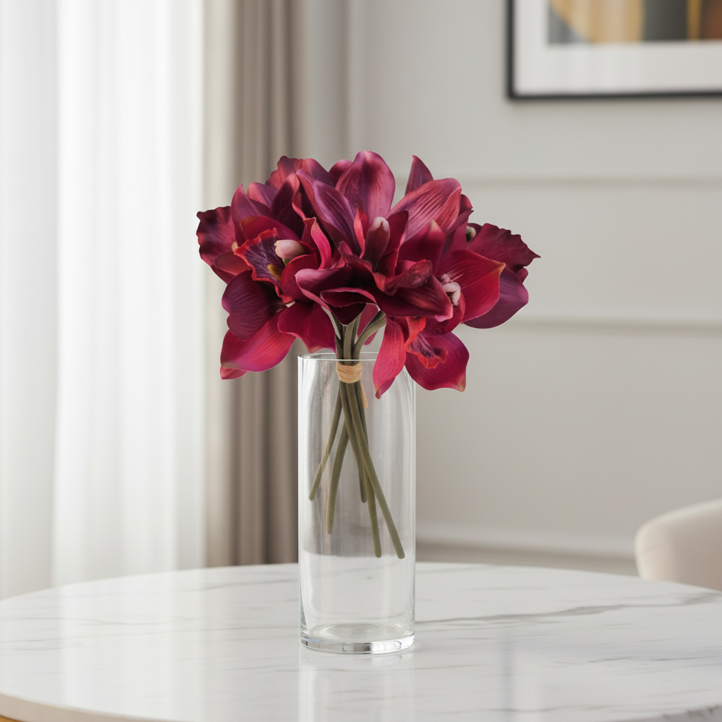 Mulberry pink Cymbidium orchid artificial bouquet in clear glass vase on marble table home decor
