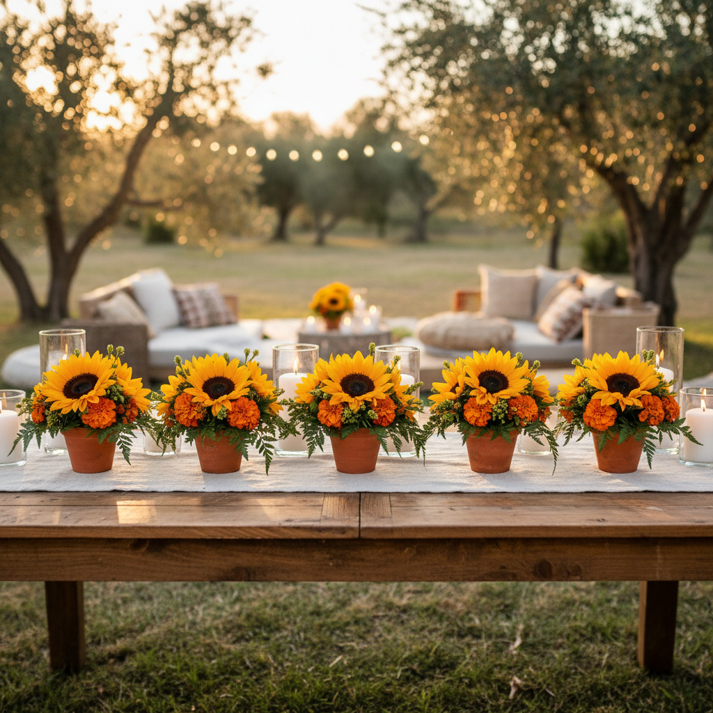 Six small fresh sunflower and orange marigold arrangements using wet floral foam blocks in terracotta pots on rustic boho party table