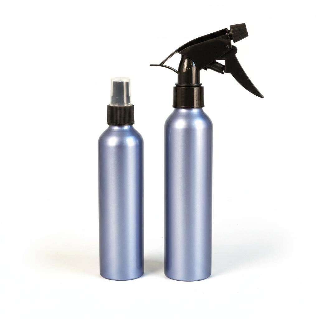 Two metallic blue aluminum bottles side by side on white background, one with black spray trigger cap and one with black pump cap, clean studio hero product shot