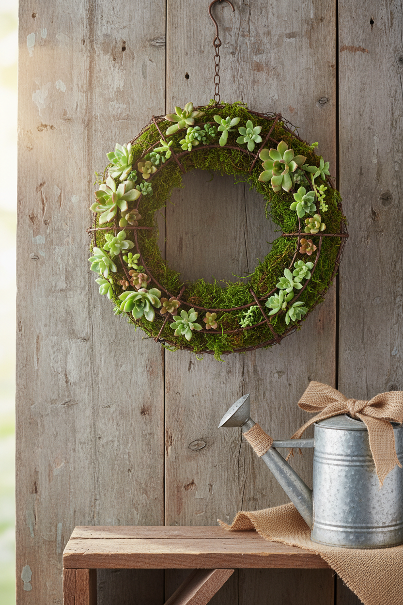Rustic brown wire wreath basket with moss and succulents hanging on a farmhouse barn wood wall with galvanized watering can and burlap accents