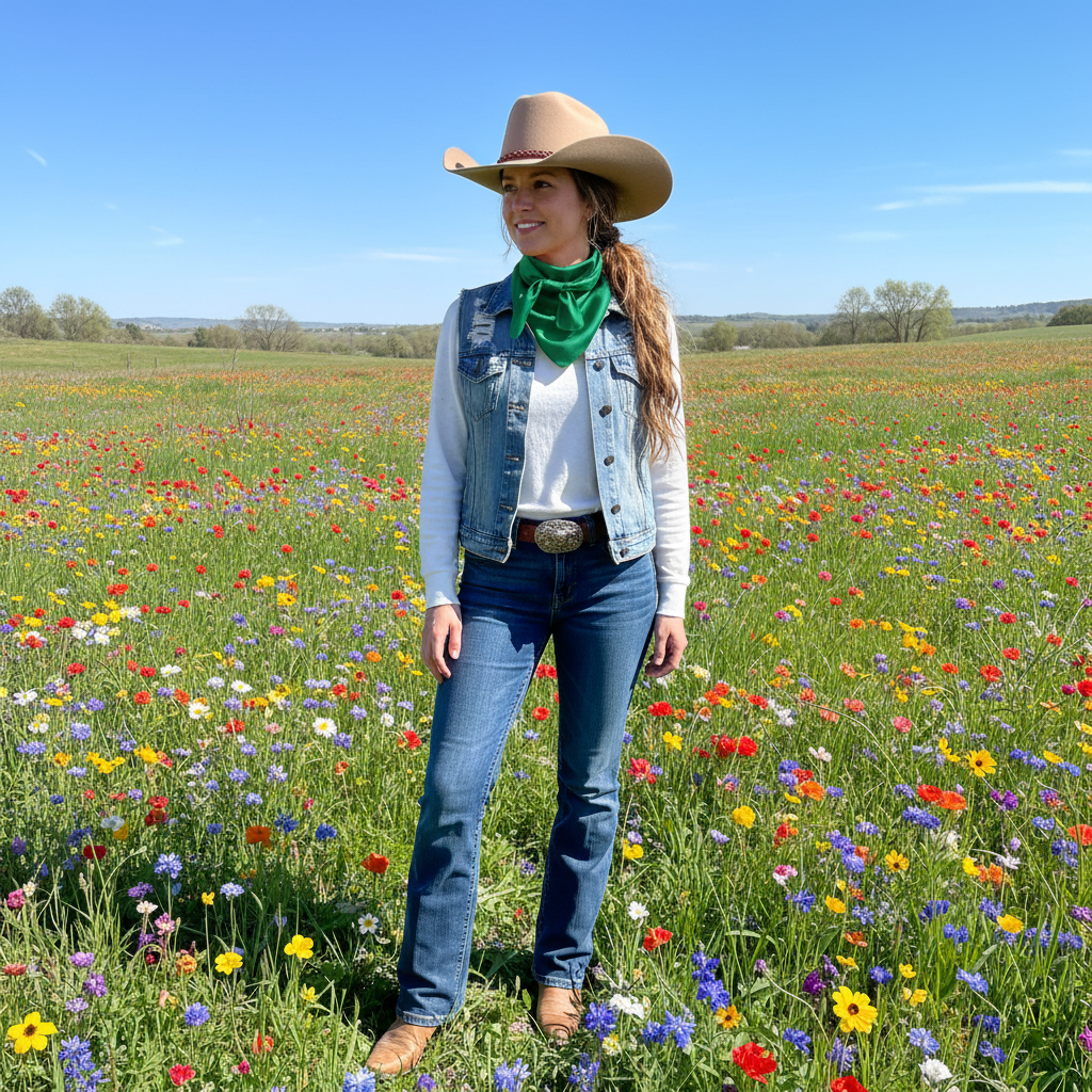 Woman in green wild rag scarf in spring wildflower meadow - cowgirl spring fashion
