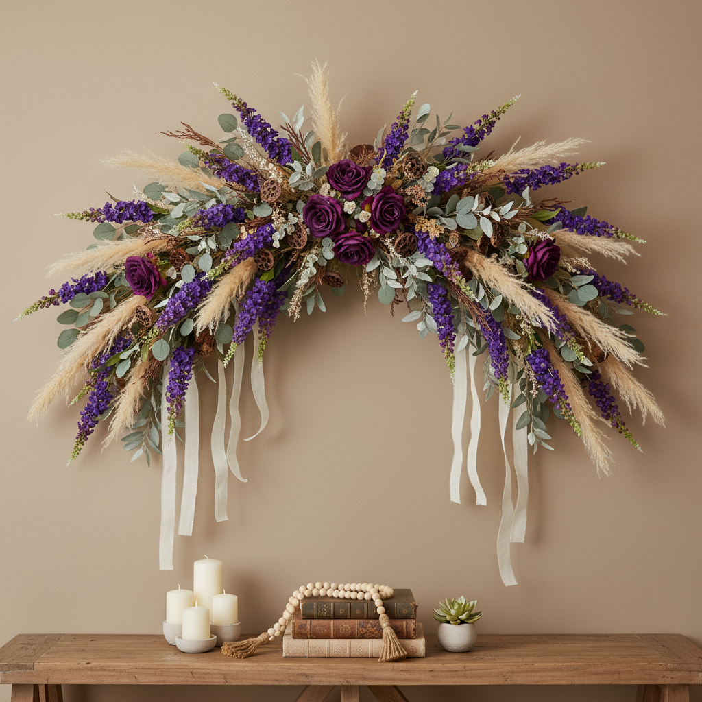 Rich purple snapdragon larkspur stems in a boho fall wall swag with roses, eucalyptus, dried botanicals, and cream ribbon