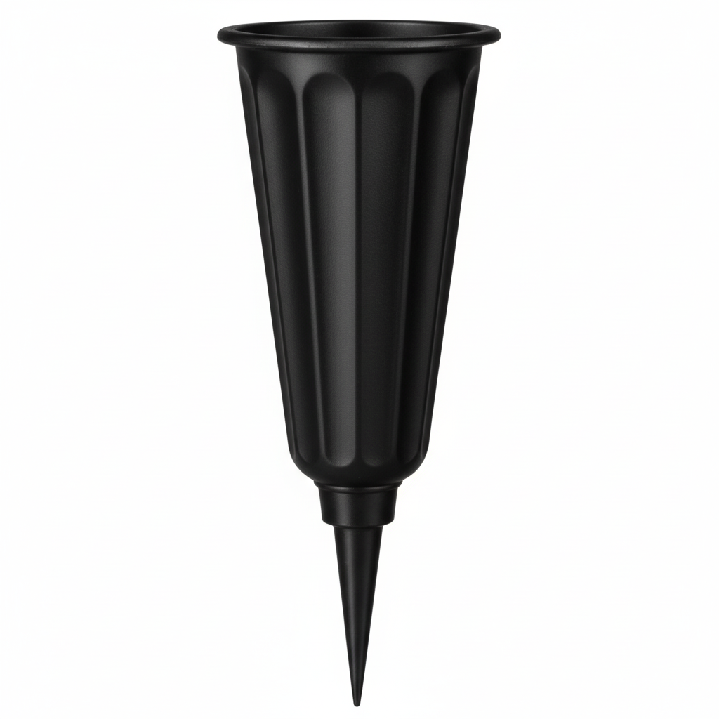 Close-up detail of weather-resistant black cemetery vase showing cone shape and ground spike