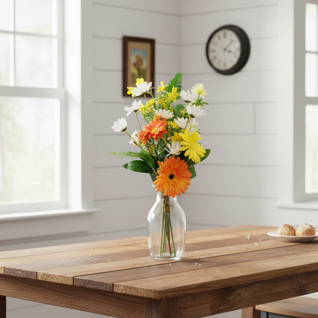 Artificial daisy bouquet displayed in farmhouse kitchen