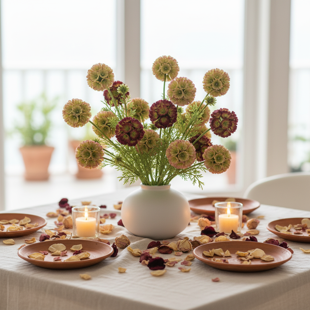 Faux green blush burgundy scabiosa stems in a round white ceramic vase as a romantic dining table centerpiece with candlelight, terracotta plates, and scattered dried petals on linen tablecloth