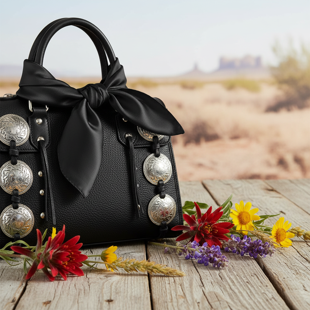 Black bandana scarf draped over leather handbag with Western silver conchos