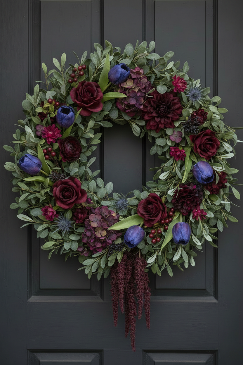 Purple Real Touch artificial tulip bouquet with 6 stems featured in a full lush moody fall wreath with deep burgundy-red berry clusters, dark olive eucalyptus base, burgundy roses, wine ranunculus, plum hydrangeas, dark dahlias, and trailing amaranthus on a dark charcoal door