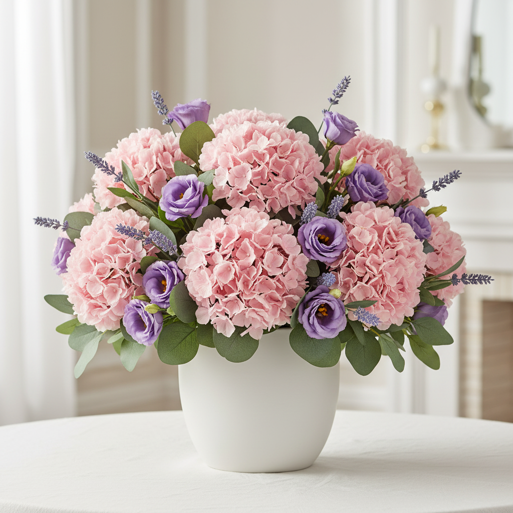 Blush pink hydrangeas with purple lisianthus and lavender fully arranged in white ceramic vase elegant romantic home decor