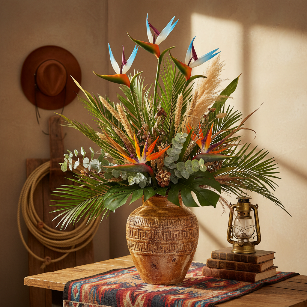 Three faux Bird of Paradise stems with orange, blue, green and burgundy blooms in a textured western vase with tropical leaves, palm fronds and eucalyptus, styled with cowboy hat and lantern