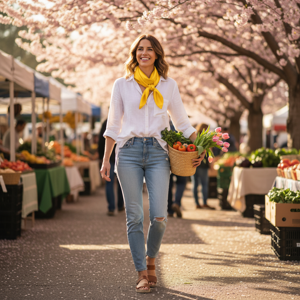 Spring outdoor yellow wild rag scarf styled at farmers market with casual spring outfit