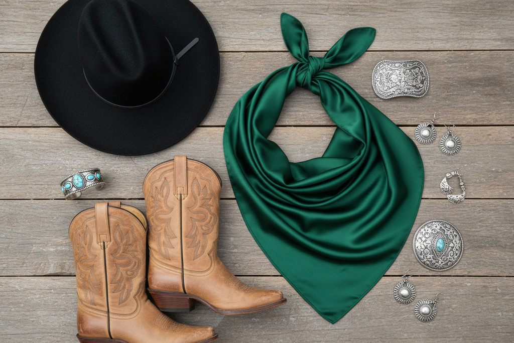 Forest green wild rag with black cowboy hat, tan leather boots, and silver western jewelry, bold western styling