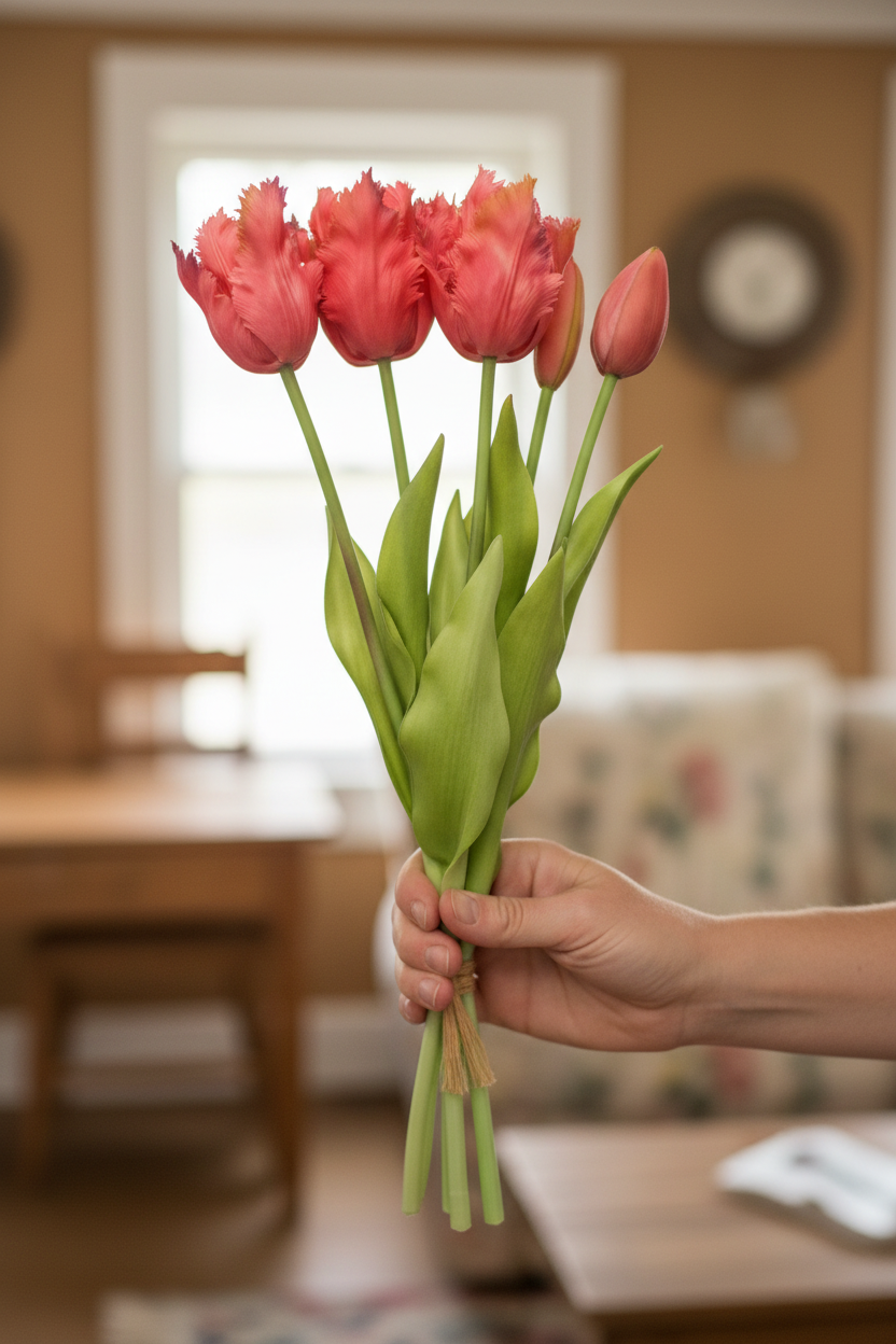 Hand holding 5 coral pink tulip stems with purple tips - gift ready faux flower bouquet