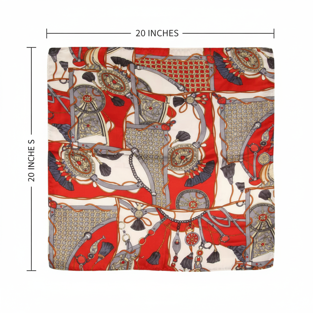 Red equestrian harness satin scarf measurement diagram showing 20x20 inch dimensions