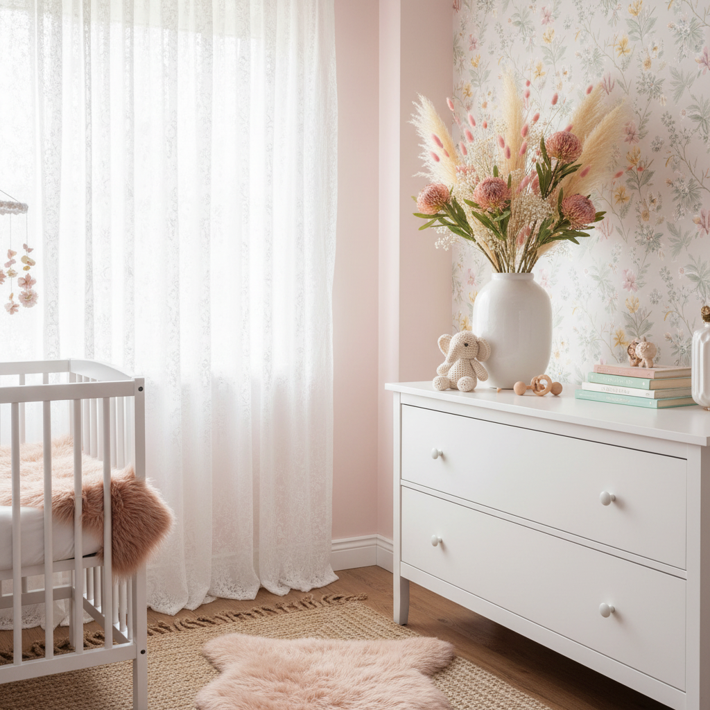 Pink blush pincushion protea stems in white vase on dresser in cottagecore nursery with soft feminine pastel decor