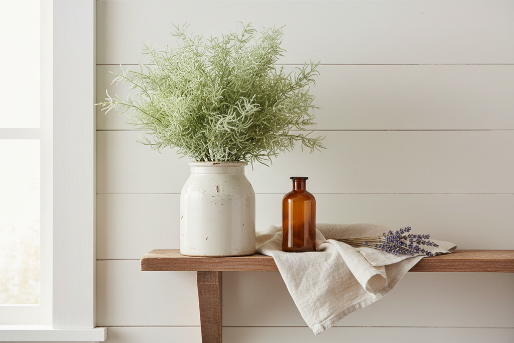 Artificial fern greenery bundle in white ceramic crock on reclaimed wood farmhouse shelf with dried lavender and amber glass bottle