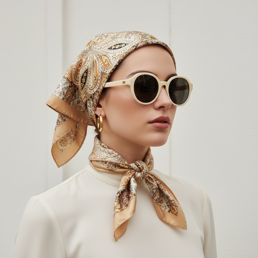 Woman wearing beige paisley satin scarf as a vintage glamour head scarf with sunglasses – 27 inch square scarf