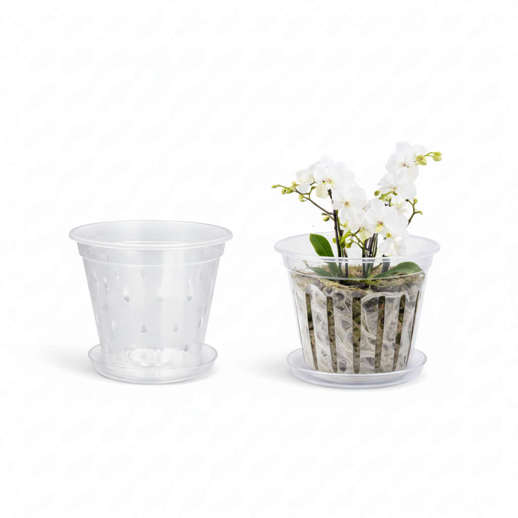 Clear orchid pots 5 inch with drainage holes and saucers set of 2