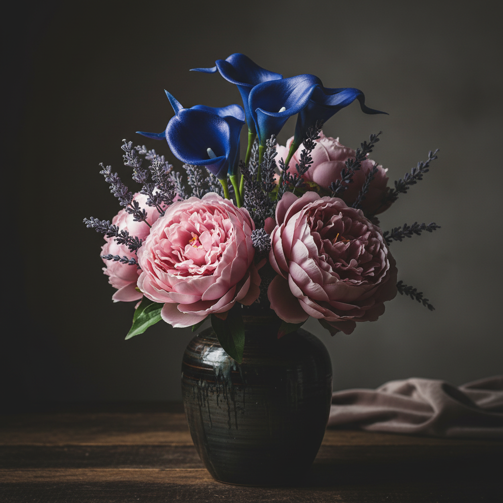 Cobalt blue calla lily faux flowers mixed with lavender and blush pink peonies in dark ceramic vase