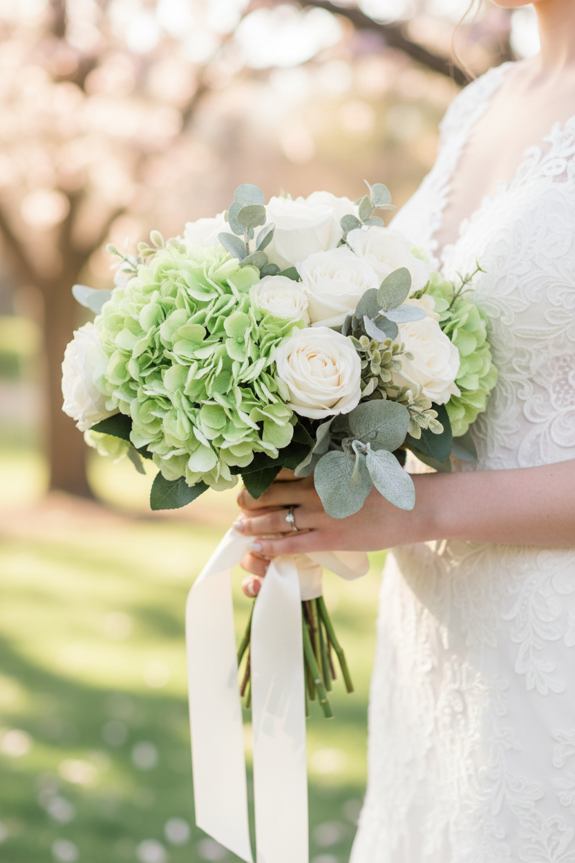 Romantic spring bridal bouquet featuring light green hydrangeas with white roses and eucalyptus