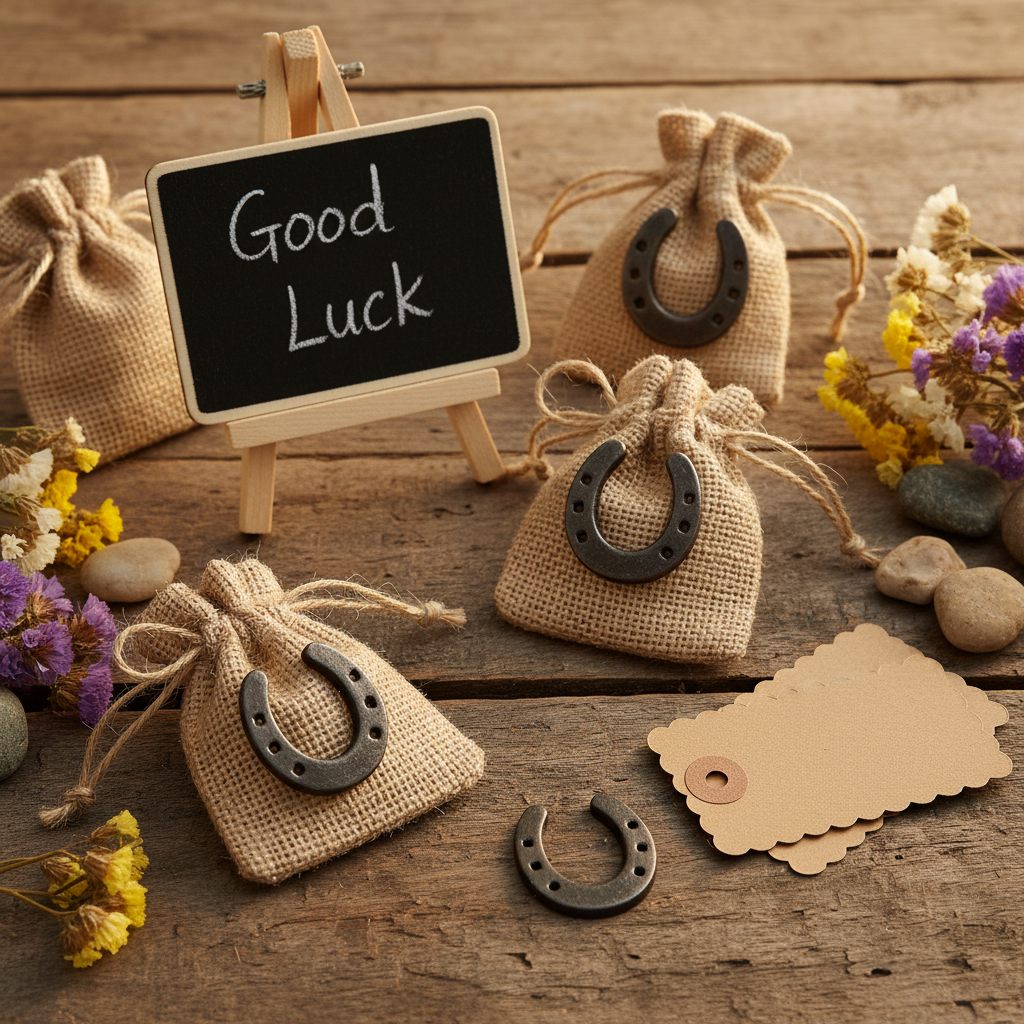 Small rustic iron horseshoes displayed as party favors in burlap pouches tied with twine on a rustic wooden western wedding reception table