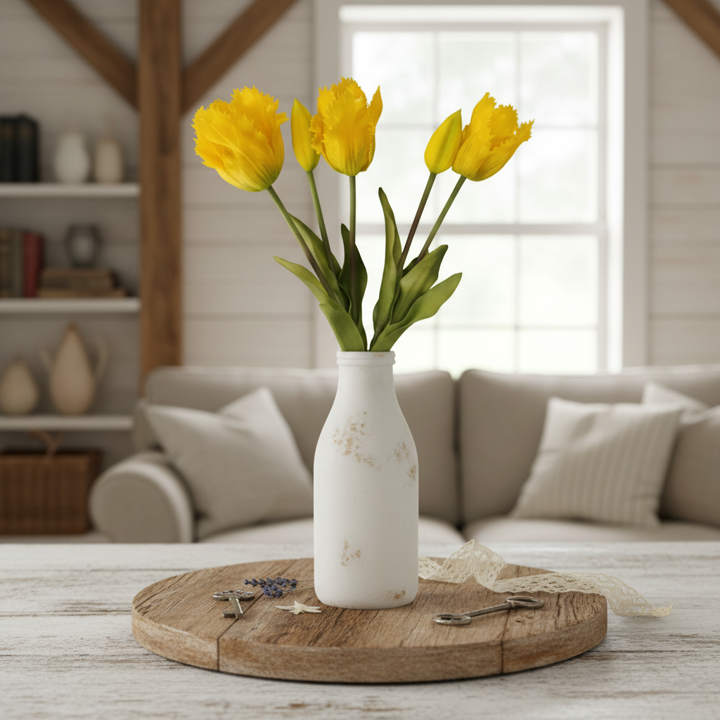 5 yellow tulip stems in vintage milk bottle - shabby chic farmhouse decor