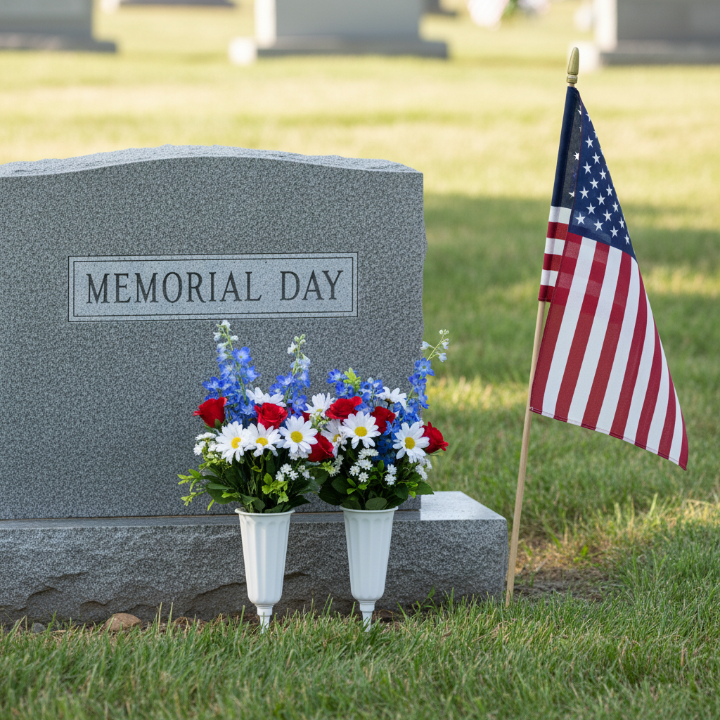 Memorial Day tribute with white grave vases holding patriotic flowers at veteran memorial