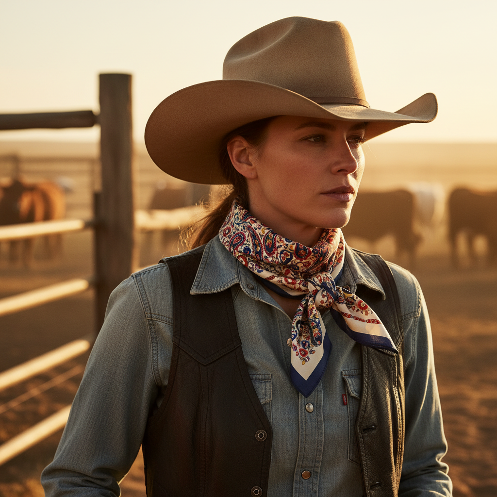 Cowgirl wearing cream paisley floral wild rag satin scarf tied at the neck in classic western style at a ranch