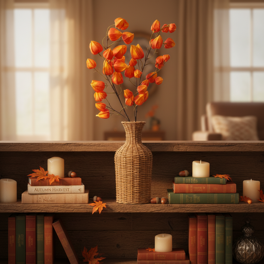 Two artificial orange Chinese lantern flower stems in wicker vase on cozy living room bookshelf with autumn candles