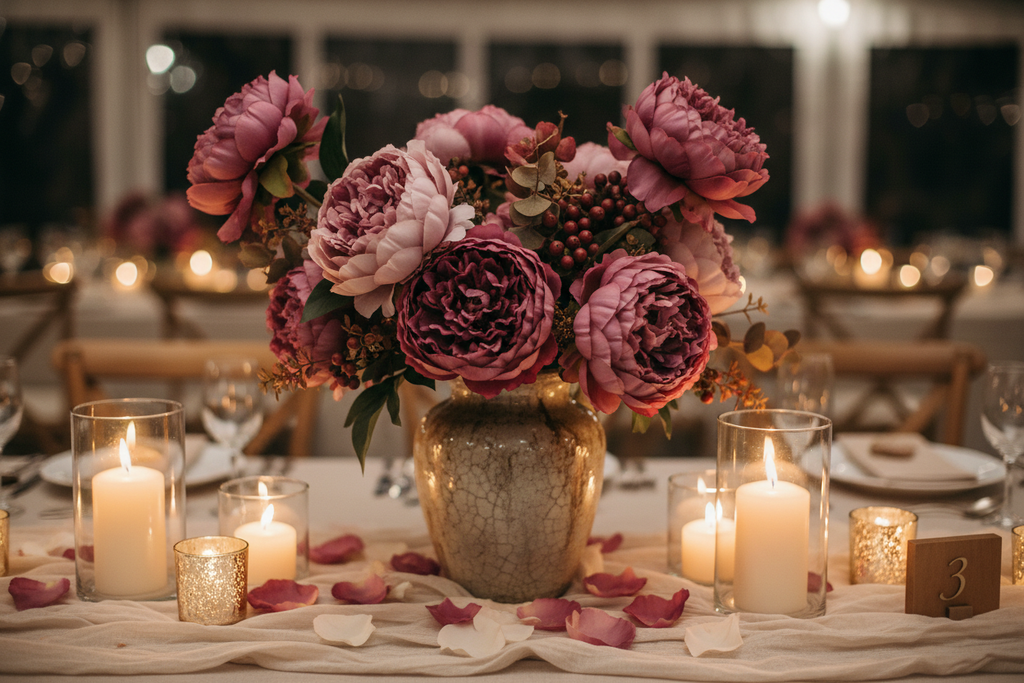 Fall wedding reception centerpiece featuring lavender wine peony stems in vintage vase with candles and neutral linens